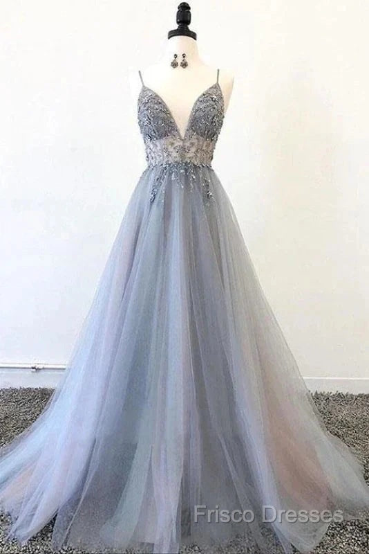 A Line Tulle Spaghetti Straps V Neck Appliques Long Formal Prom Dress Beautiful