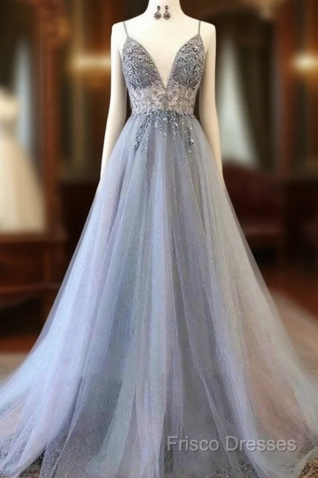 A Line Tulle Spaghetti Straps V Neck Appliques Long Formal Prom Dress Beautiful
