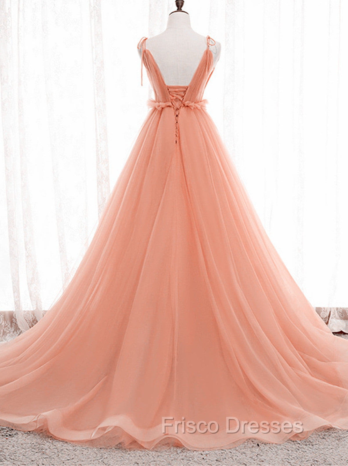 A-line Tulle Straps Low Back Long Wedding Party Dress, Pink Tulle Long Formal Prom Dress