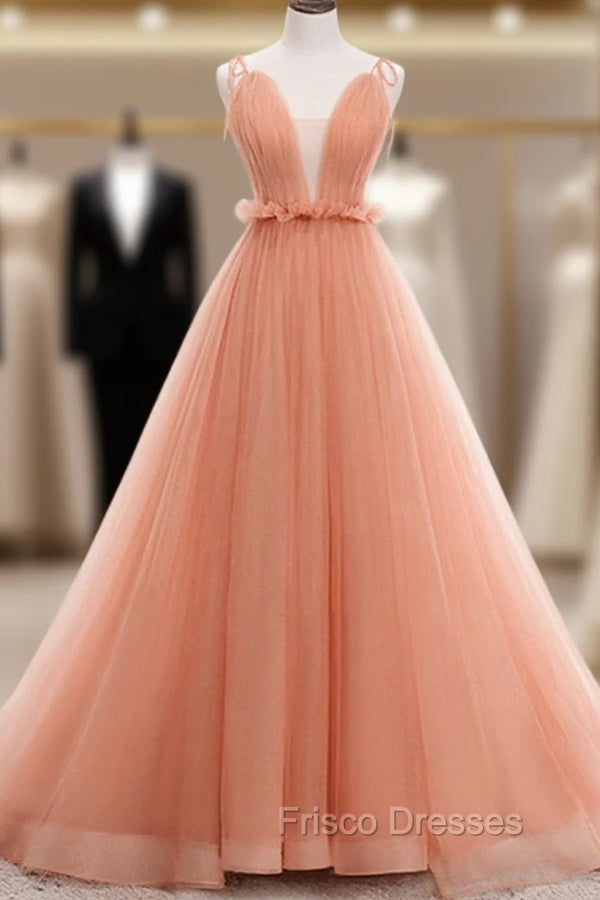A-line Tulle Straps Low Back Long Wedding Party Dress, Pink Tulle Long Formal Prom Dress Main image
