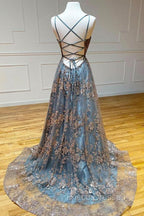A-line Tulle Straps Sequins Lace Formal Prom Dress Split Evening Dress
