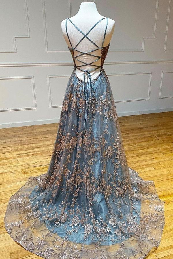 A-line Tulle Straps Sequins Lace Formal Prom Dress Split Evening Dress