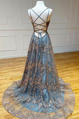 A-line Tulle Straps Sequins Lace Formal Prom Dress Split Evening Dress