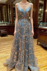 A-line Tulle Straps Sequins Lace Formal Prom Dress Split Evening Dress