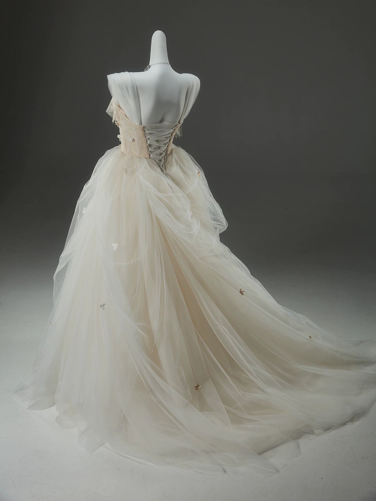 A-Line Tulle Sweep Train Champagne Long Prom Dress With Applique Secondary image