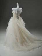 A-Line Tulle Sweep Train Champagne Long Prom Dress With Applique