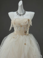A-Line Tulle Sweep Train Champagne Long Prom Dress With Applique