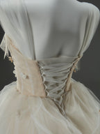 A-Line Tulle Sweep Train Champagne Long Prom Dress With Applique