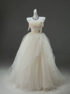 A-Line Tulle Sweep Train Champagne Long Prom Dress With Applique