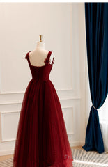 A-Line Tulle Sweetheart Straps Long Formal Dress, Wine Red Evening Dress Prom Dress