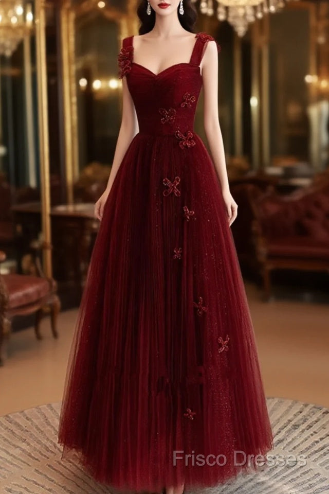 A-Line Tulle Sweetheart Straps Long Formal Dress, Wine Red Formal Dress Formal Prom Dress