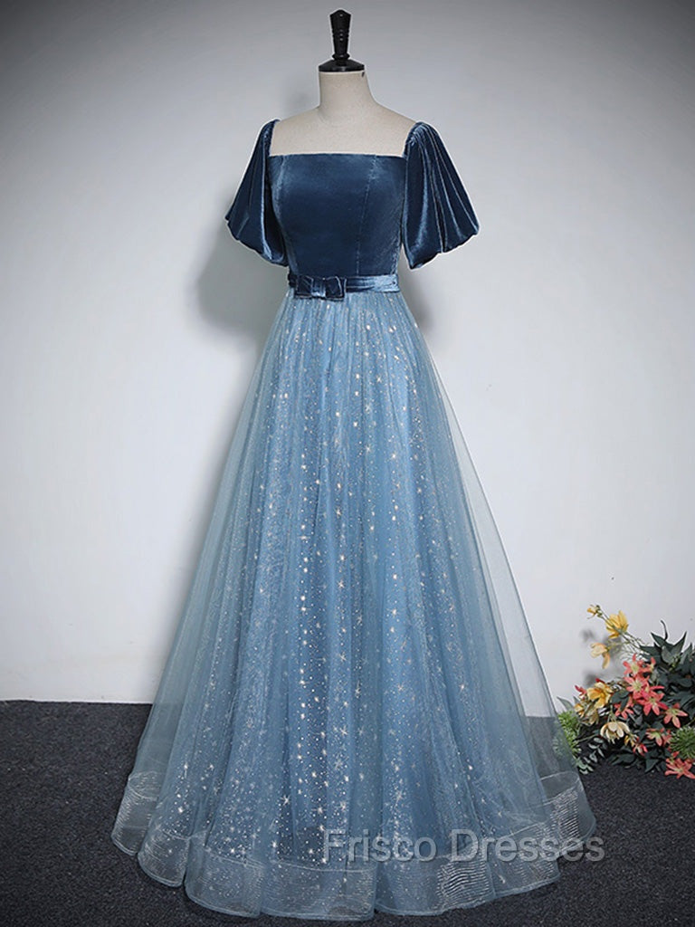 A-Line Tulle Velvet Blue Long Formal Prom Dress, Blue Tulle Formal Dress Secondary image