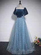 A-Line Tulle Velvet Blue Long Formal Prom Dress, Blue Tulle Formal Dress
