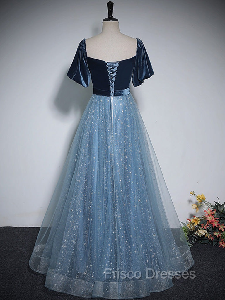 A-Line Tulle Velvet Blue Long Formal Prom Dress, Blue Tulle Formal Dress