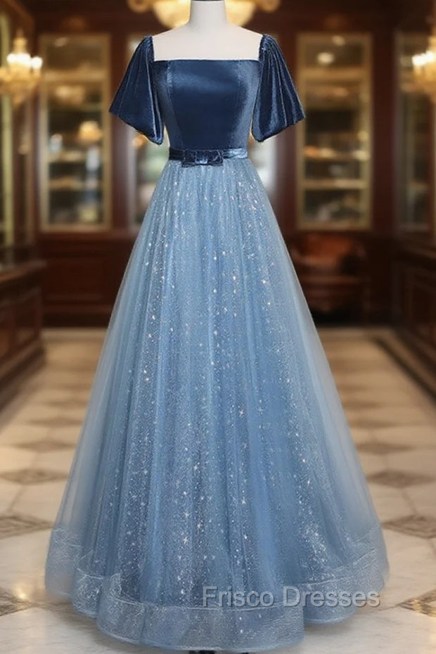 A-Line Tulle Velvet Blue Long Formal Prom Dress, Blue Tulle Formal Dress Main image