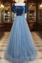 A-Line Tulle Velvet Blue Long Formal Prom Dress, Blue Tulle Formal Dress