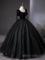 A-Line Tulle Velvet Sequin Black Long Formal Prom Dress, Black Long Formal Dress