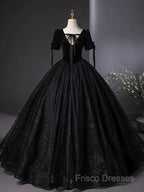 A-Line Tulle Velvet Sequin Black Long Formal Prom Dress, Black Long Formal Dress