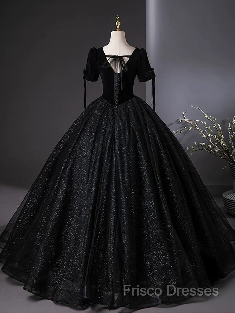A-Line Tulle Velvet Sequin Black Long Formal Prom Dress, Black Long Formal Dress