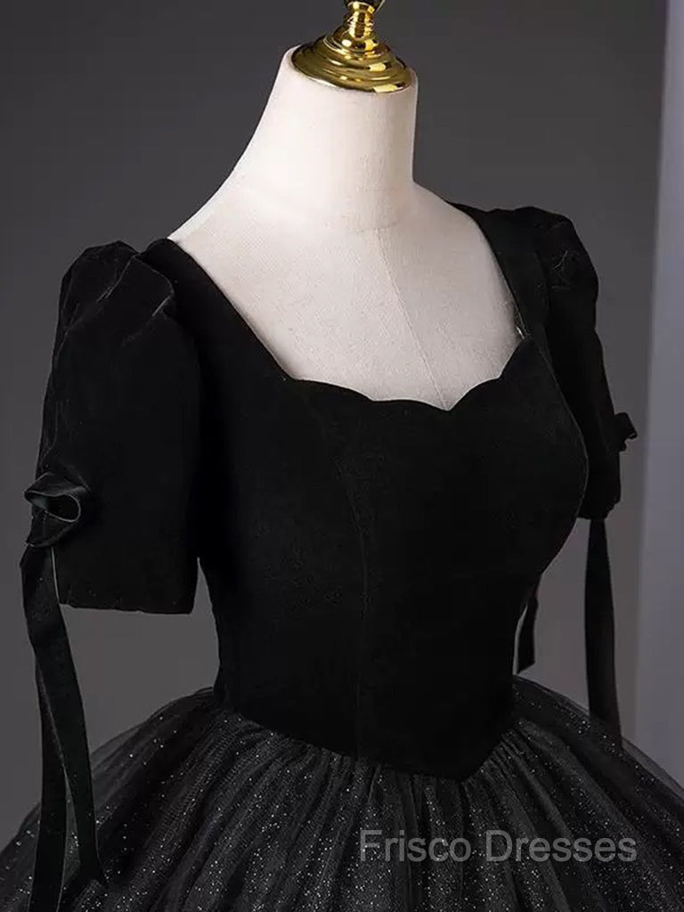 A-Line Tulle Velvet Sequin Black Long Formal Prom Dress, Black Long Formal Dress