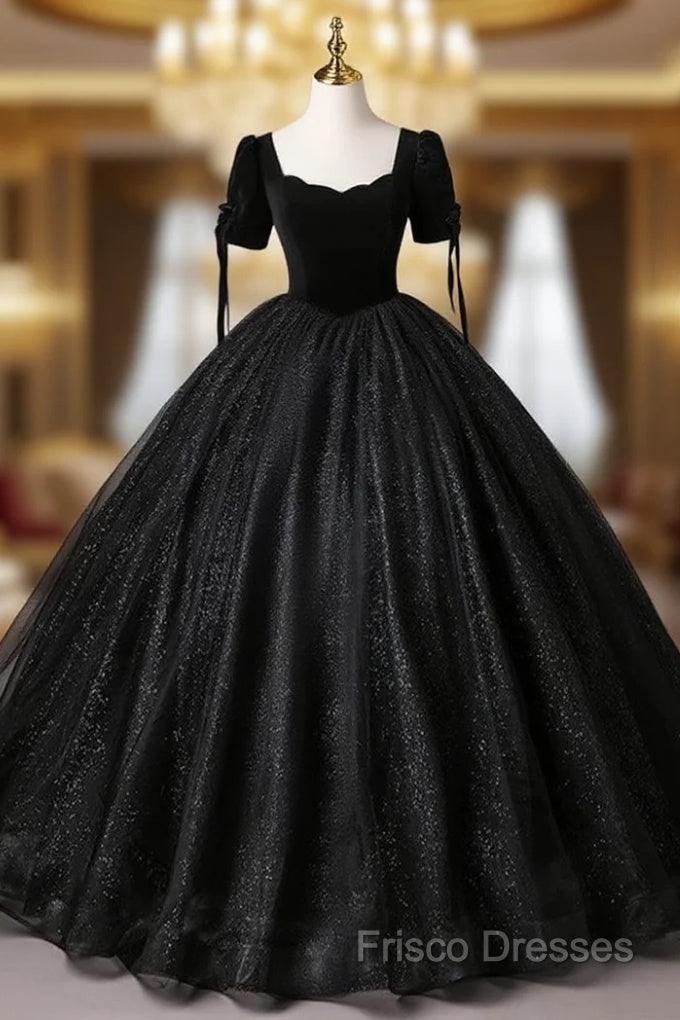 A-Line Tulle Velvet Sequin Black Long Formal Prom Dress, Black Long Formal Dress Main image
