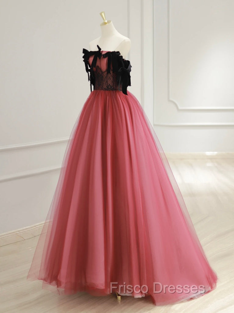 A-Line Tulle Watermelon Red Long Formal Prom Dress, Watermelon Red Tulle Long Formal Dress Secondary image