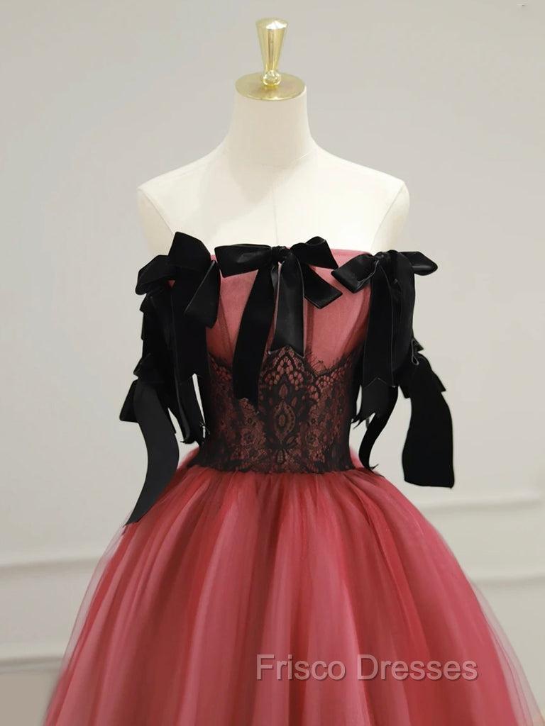 A-Line Tulle Watermelon Red Long Formal Prom Dress, Watermelon Red Tulle Long Formal Dress