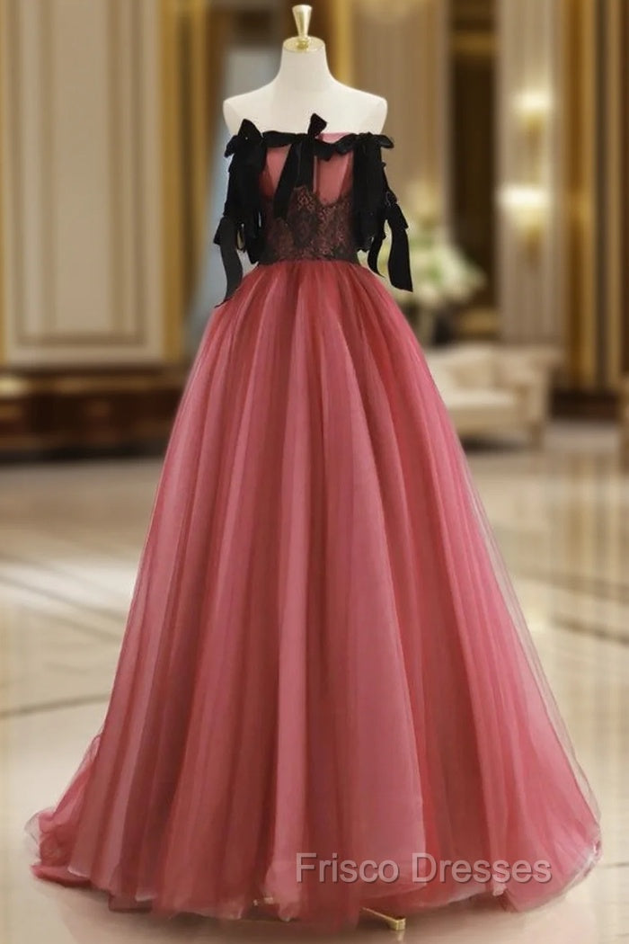 A-Line Tulle Watermelon Red Long Formal Prom Dress, Watermelon Red Tulle Long Formal Dress