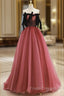 A-Line Tulle Watermelon Red Long Formal Prom Dress, Watermelon Red Tulle Long Formal Dress