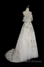 A-Line Tulle With Flower Lace White Wedding Party Dress, White Tulle Evening Dress Formal Prom Dress