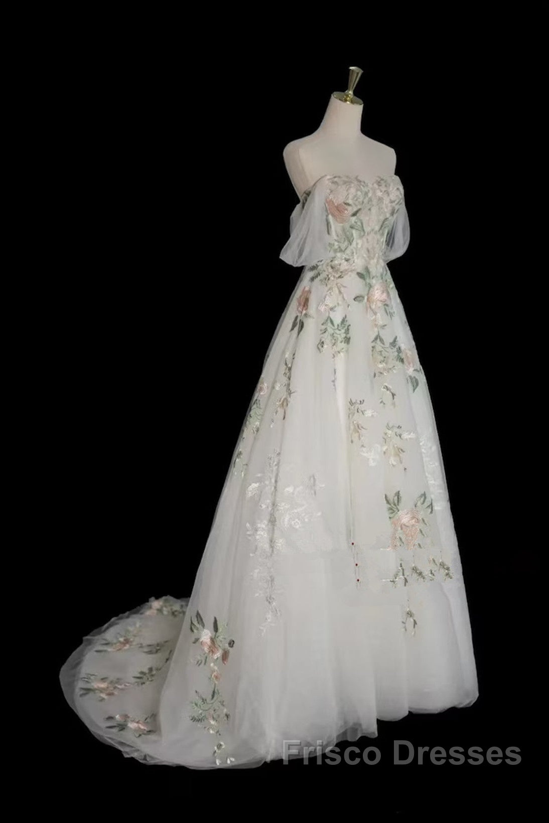 A-Line Tulle With Flower Lace White Wedding Party Dress, White Tulle Evening Dress Formal Prom Dress