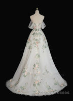 A-Line Tulle With Flower Lace White Wedding Party Dress, White Tulle Evening Dress Formal Prom Dress