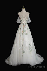 A-Line Tulle With Flower Lace White Wedding Party Dress, White Tulle Evening Dress Prom Dress