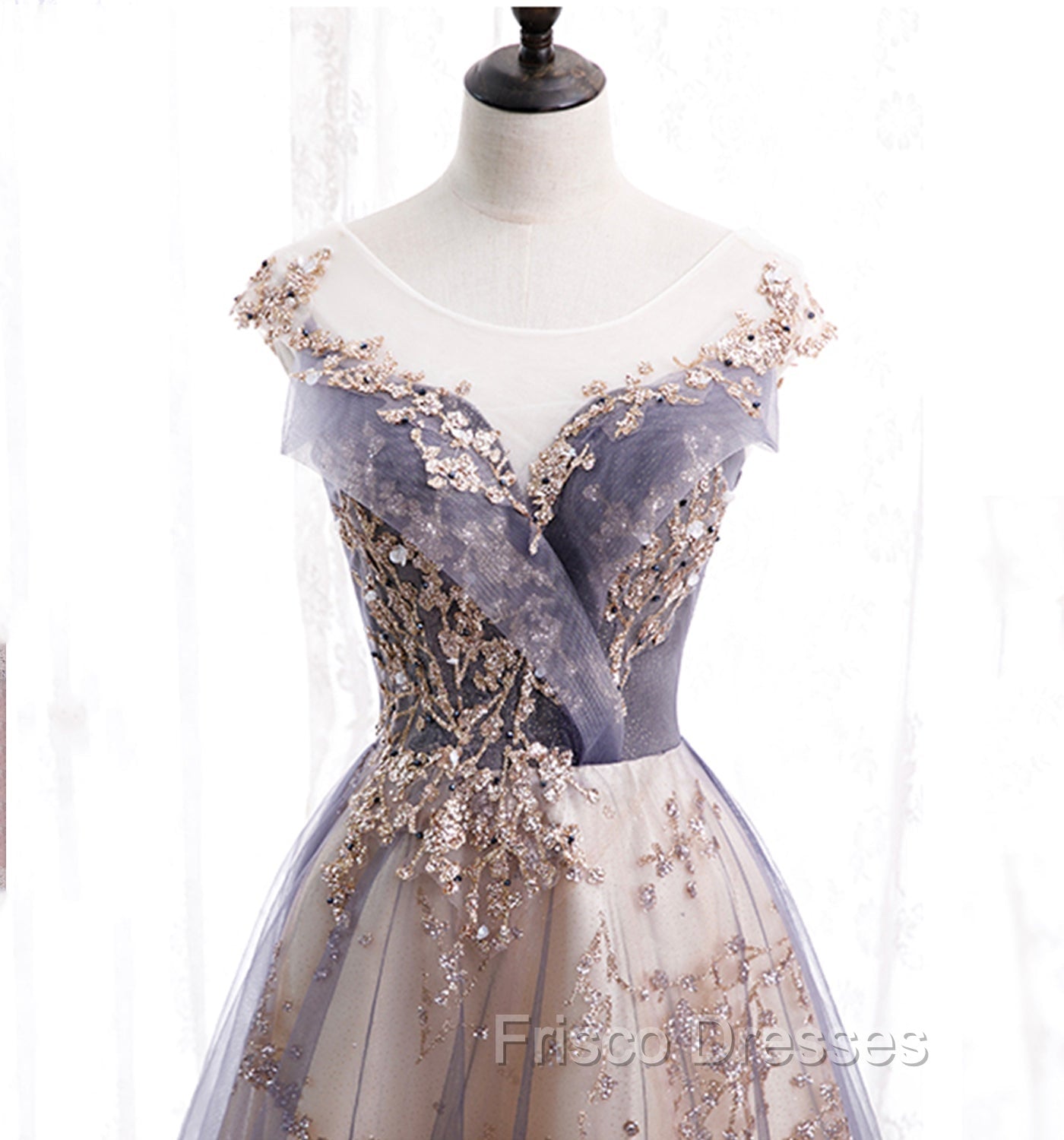 A-line Tulle with Lace Applique Party Dress, Tulle Long Formal Prom Dress