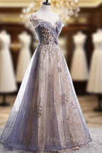A-line Tulle with Lace Applique Party Dress, Tulle Long Formal Prom Dress