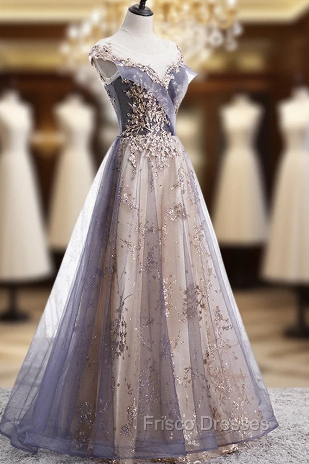 A-line Tulle with Lace Applique Party Dress, Tulle Long Formal Prom Dress
