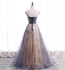 A-line Tulle with Lace Applique Party Dress, Tulle Long Formal Prom Dress