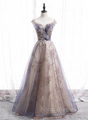 A-line Tulle with Lace Applique Party Dress, Tulle Long Formal Prom Dress