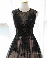 A-line Tulle with Lace Round Neckline Floor Length Party Dress, Black Formal Prom Dress