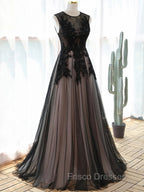 A-line Tulle with Lace Round Neckline Floor Length Party Dress, Black Formal Prom Dress