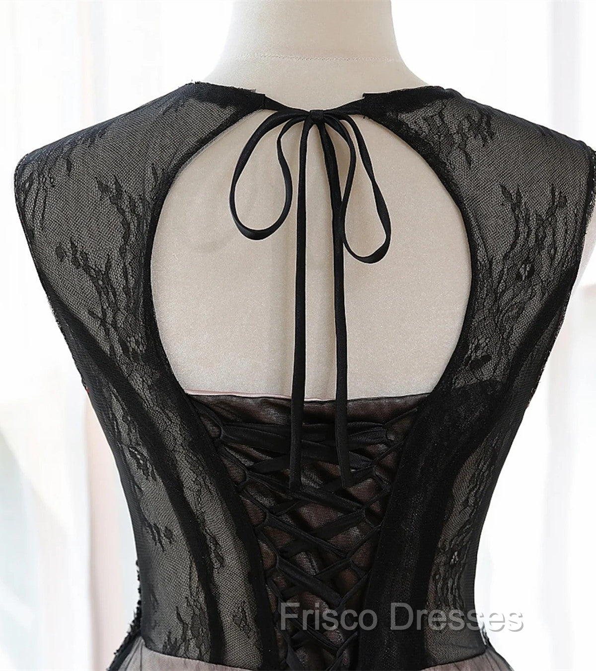 A-line Tulle with Lace Round Neckline Floor Length Party Dress, Black Formal Prom Dress