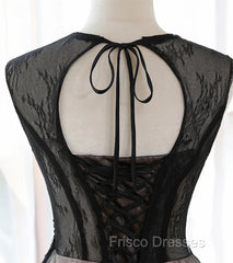 A-line Tulle with Lace Round Neckline Floor Length Party Dress, Black Formal Prom Dress