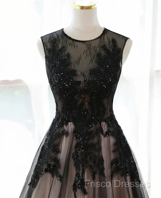 A-Line Tulle With Lace Round Neckline Floor Length Party Dress Black Formal Prom Dress Formal Dress