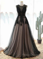 A-Line Tulle With Lace Round Neckline Floor Length Party Dress Black Formal Prom Dress Formal Dress