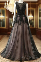 A-Line Tulle With Lace Round Neckline Floor Length Party Dress Black Formal Prom Dress Formal Dress