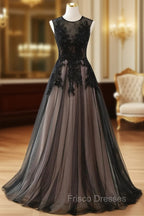 A-line Tulle with Lace Round Neckline Floor Length Party Dress, Black Formal Prom Dress