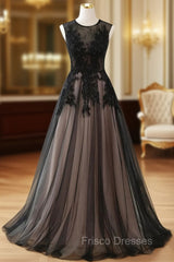 A-line Tulle with Lace Round Neckline Floor Length Party Dress, Black Formal Prom Dress