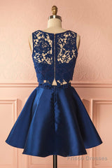 A-Line Two Piece Jewel Satin Homecoming Dresses With Lace