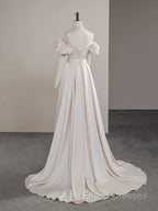 A-Line Two Pieces Satin Champagne Long Formal Prom Dress, Champagne Formal Dress