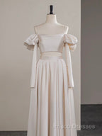 A-Line Two Pieces Satin Champagne Long Formal Prom Dress, Champagne Formal Dress